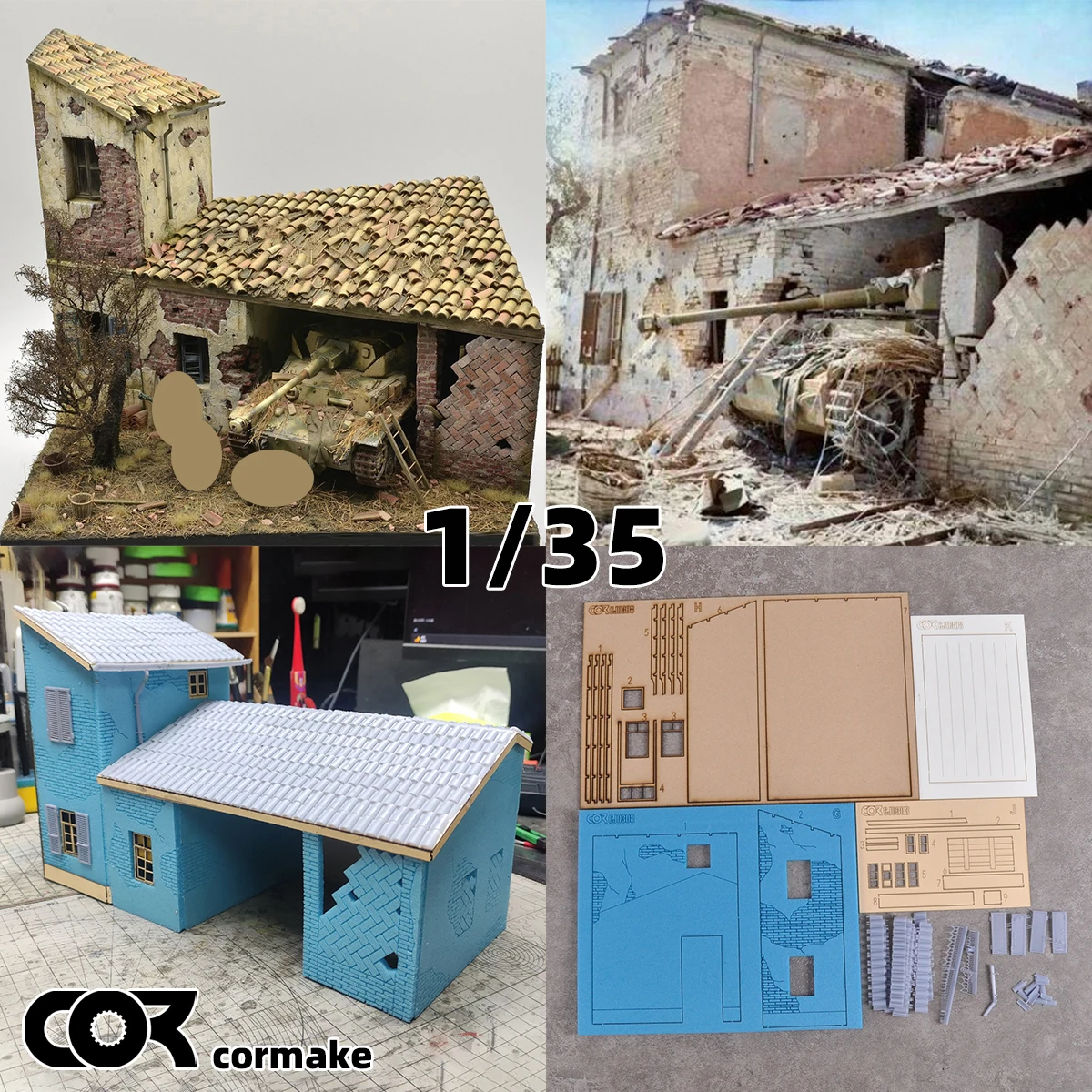 Architekturmodell zum Zusammenbauen, Sandtisch, Ziegelbetongebäude, zweistöckiges Haus, Villa, Wohnhaus, Diorama, Maßstabsmodellbausatz 1/35 Image