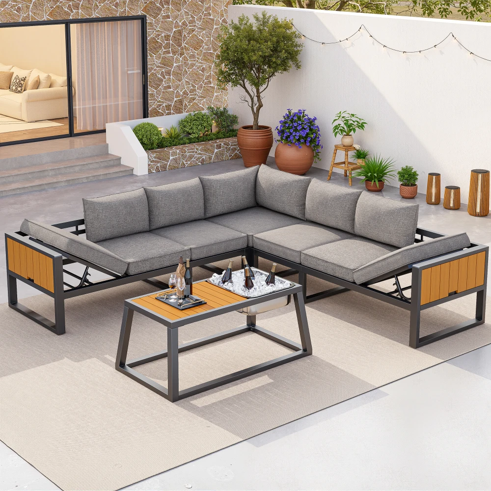 Modulares Outdoor-Sofa-Set mit Verstellbarer Rückenlehne, Ausklappbaren Armlehnen und Metall-Eiswürfelbehälter, 10cm Dickes Kissen, Gartenmöbel-Set