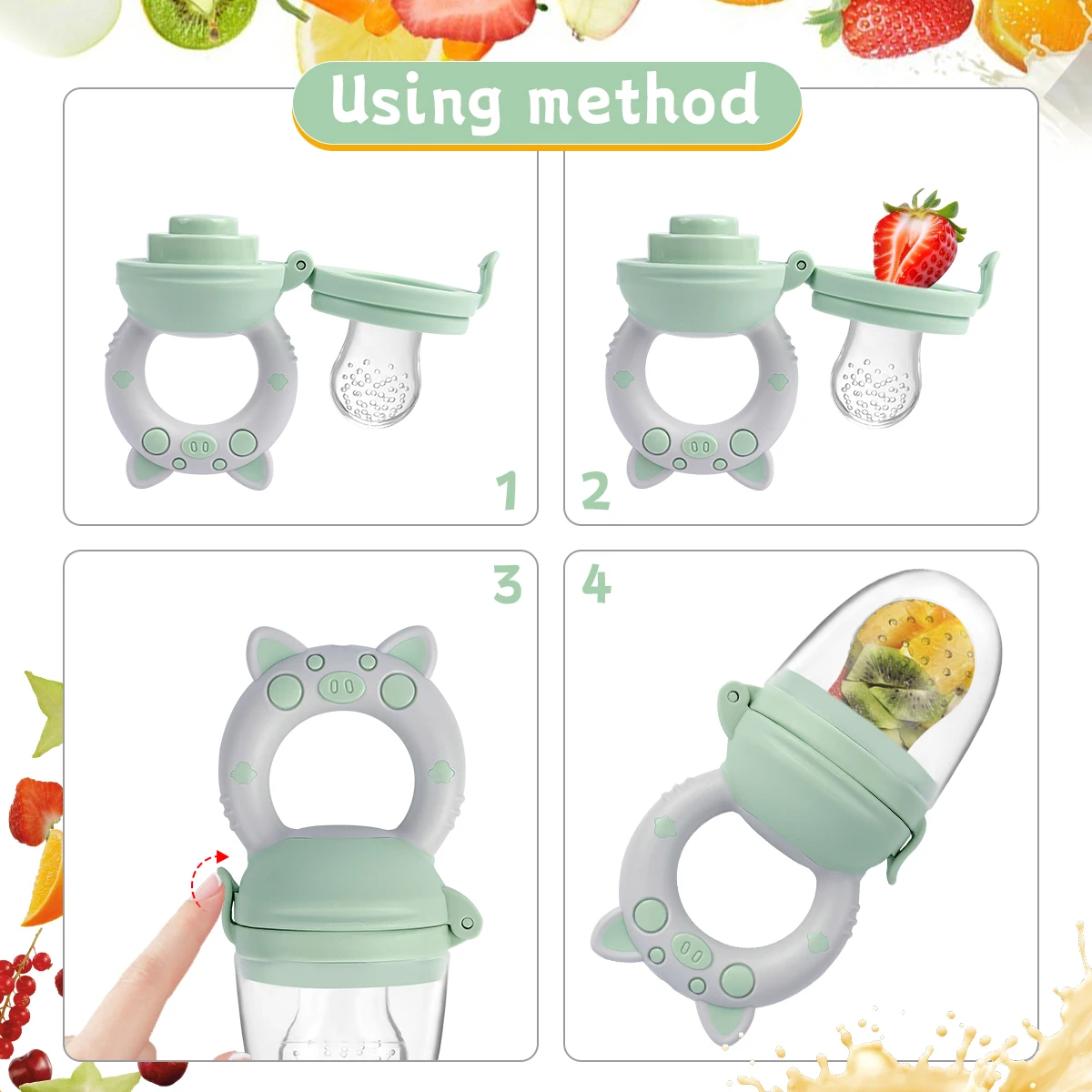4-teiliges Set Silikon-Obst- und Gemüsefütterer für Säuglinge und Kleinkinder 6-36 Monate, Lebensmittelqualität, Beiß- und Fütterungsschnuller Image
