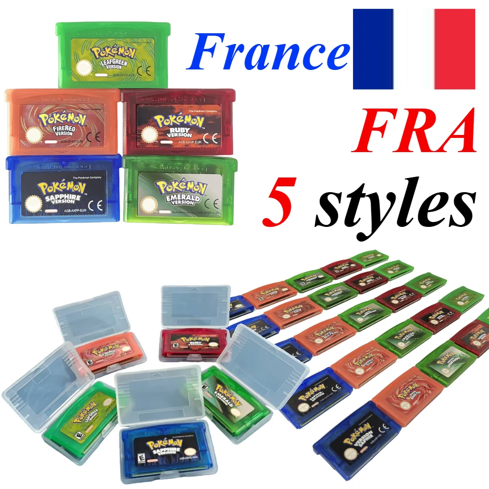 Pokemon 5 Styles Französische GBA-Spielkassette Version E Meraude Rubis Saphir Grün und Rot Blattflamme für Boy Advance GBA SP NDS Image