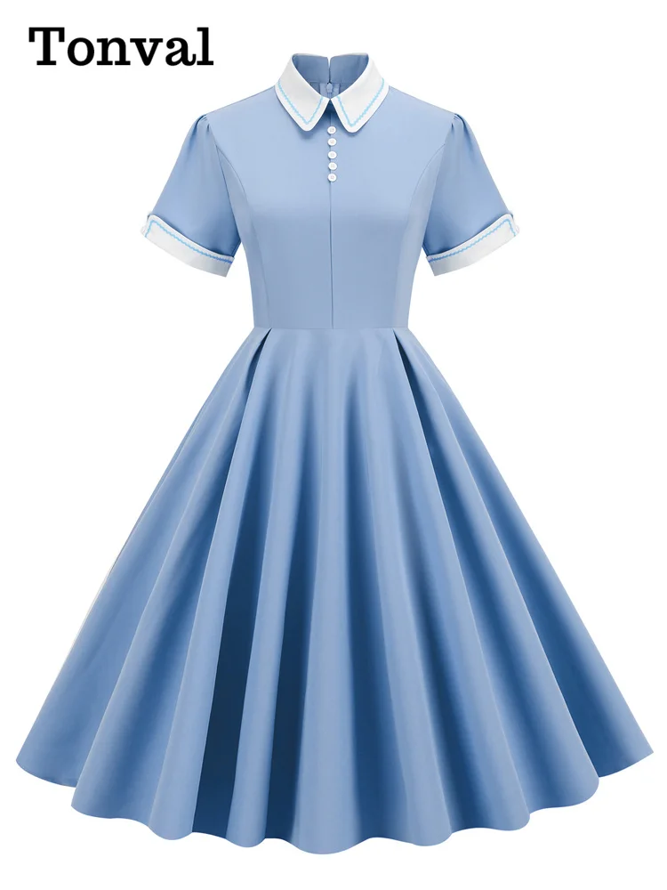 Tonval Peter-Pan Kragen Taste Vorne Vintage Midi Schaukel Kleid Elegant für Frauen 50s Roben Femme Abend Retro tasche Kleider
