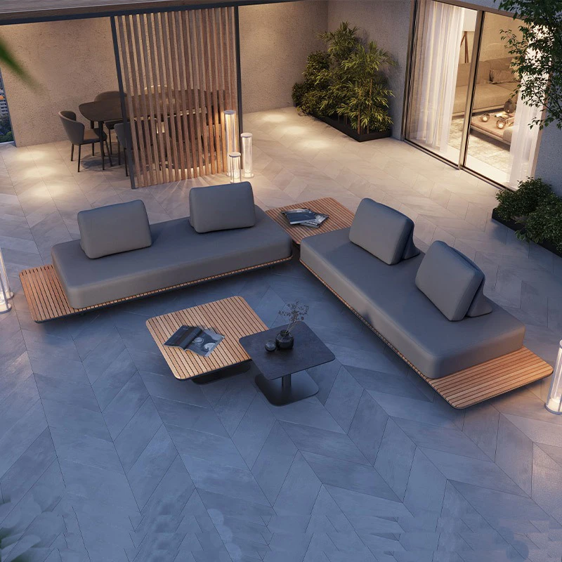 Moderne, schlichte Outdoor-Terrassenmöbel aus Teakholz und Aluminiumlegierung, wasserdichte Ecksofa-Kombination für den Außenbereich Image