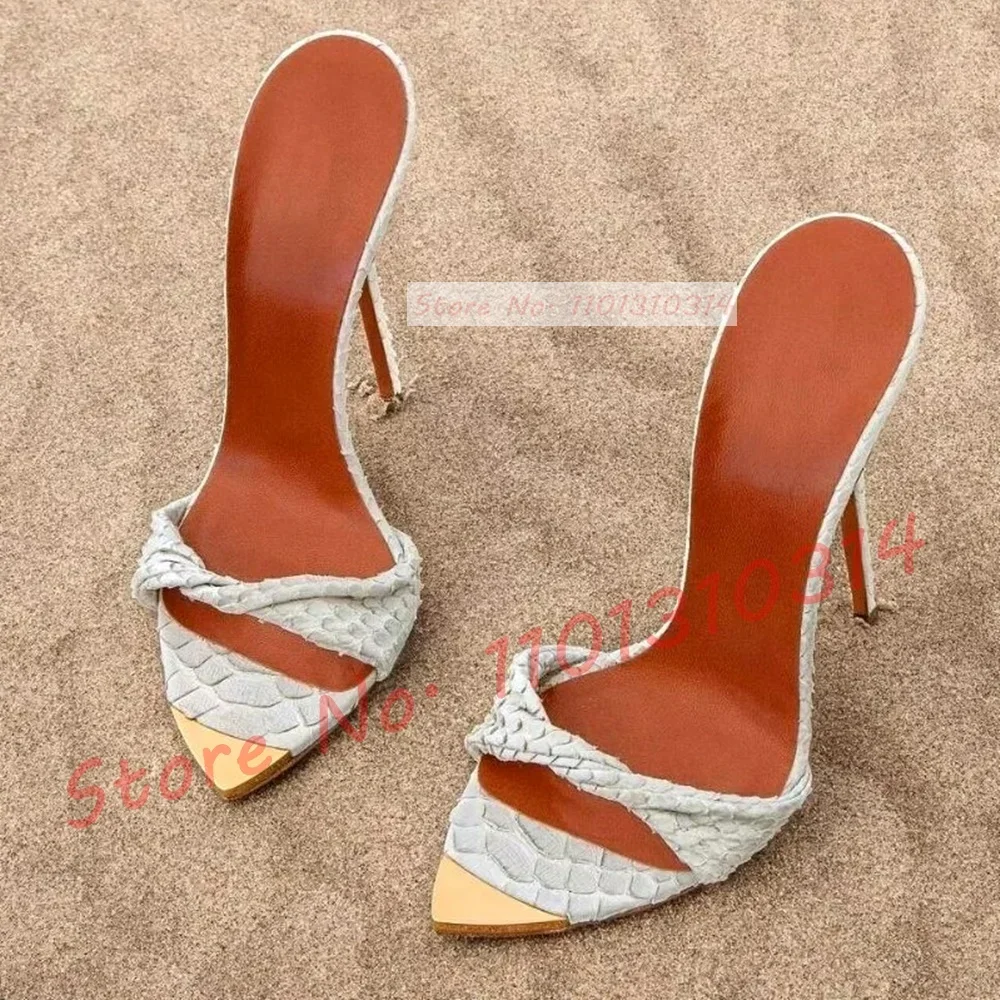 Überzogene spitze Twist-Riemen-Hausschuhe für Damen, weiße Python-bedeckte Zehenriemen, High Heels-Schuhe, weiblich, sexy, 2023, Sommerurlaub, Rutschen