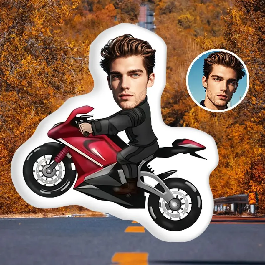 Motorrad-Fotokissen, personalisierter Gesichtsplüsch, perfektes Geschenk für ihn und Ihn, maschinenwaschbar, realistischer 3D-Druck Image