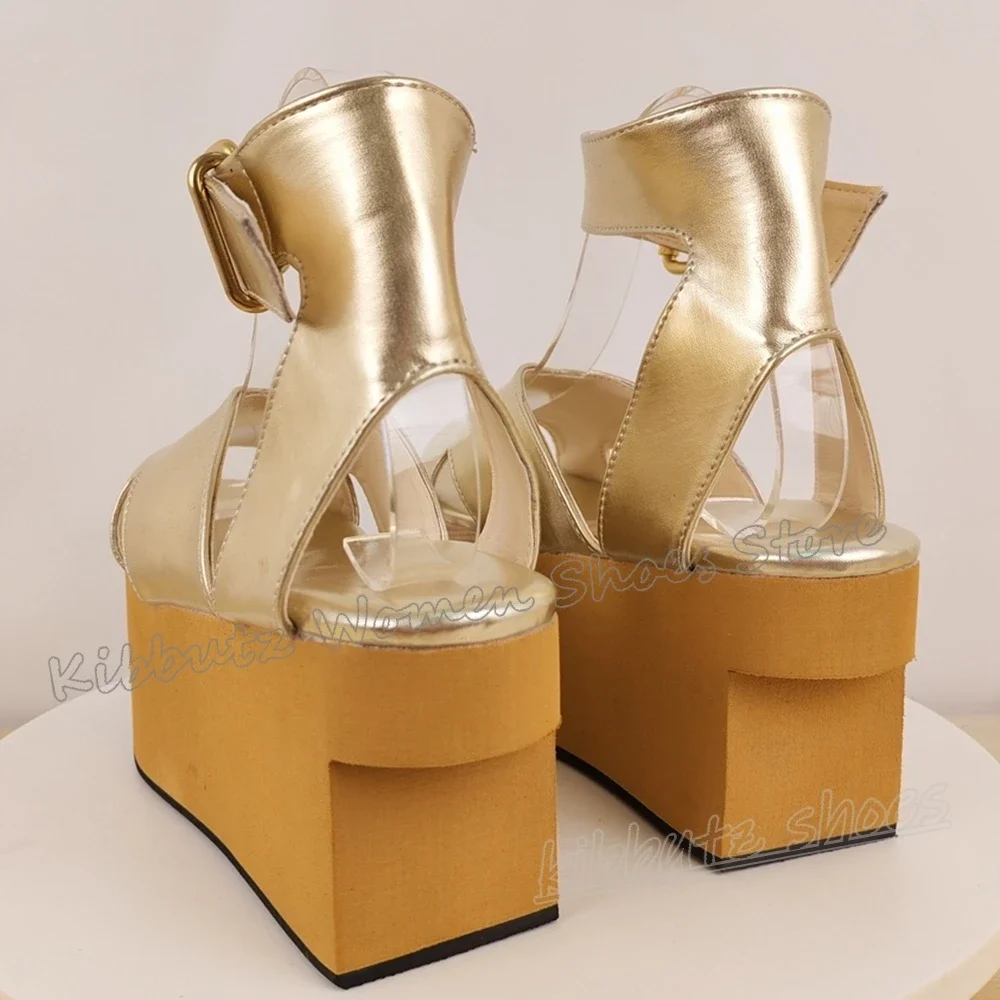 Gold Farbe Sandalen Plattform Holz Ferse Schnalle Höhe Zunehmende Mode Luxus Elegante Prägnante Sexy Frauen Schuhe Runde Kappe