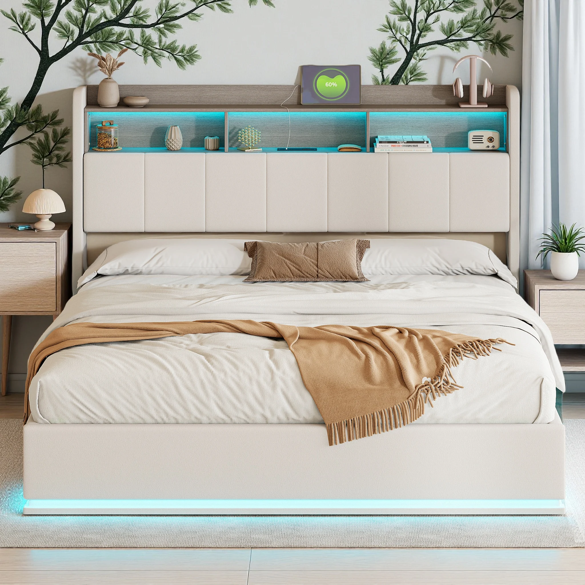 Comanlai Weißes Stauraumbett mit LED, gepolstertes Bett, hydraulisch mit Stauraum, Doppelbett mit Kopfteil und Lattenrost Image