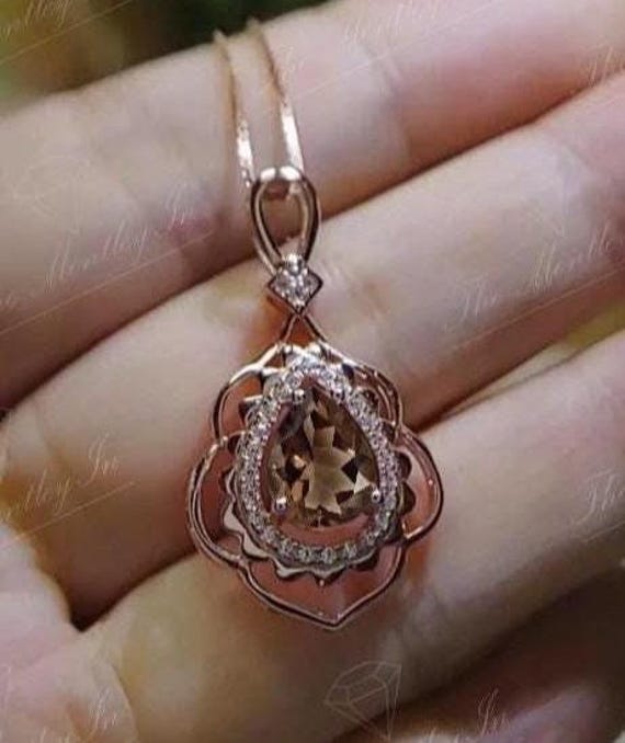 Ciondolo unico in quarzo fumé per donna, ciondolo da matrimonio in quarzo fumé placcato oro 14 carati, ciondolo Art Déco con gemma marrone, ciondolo d