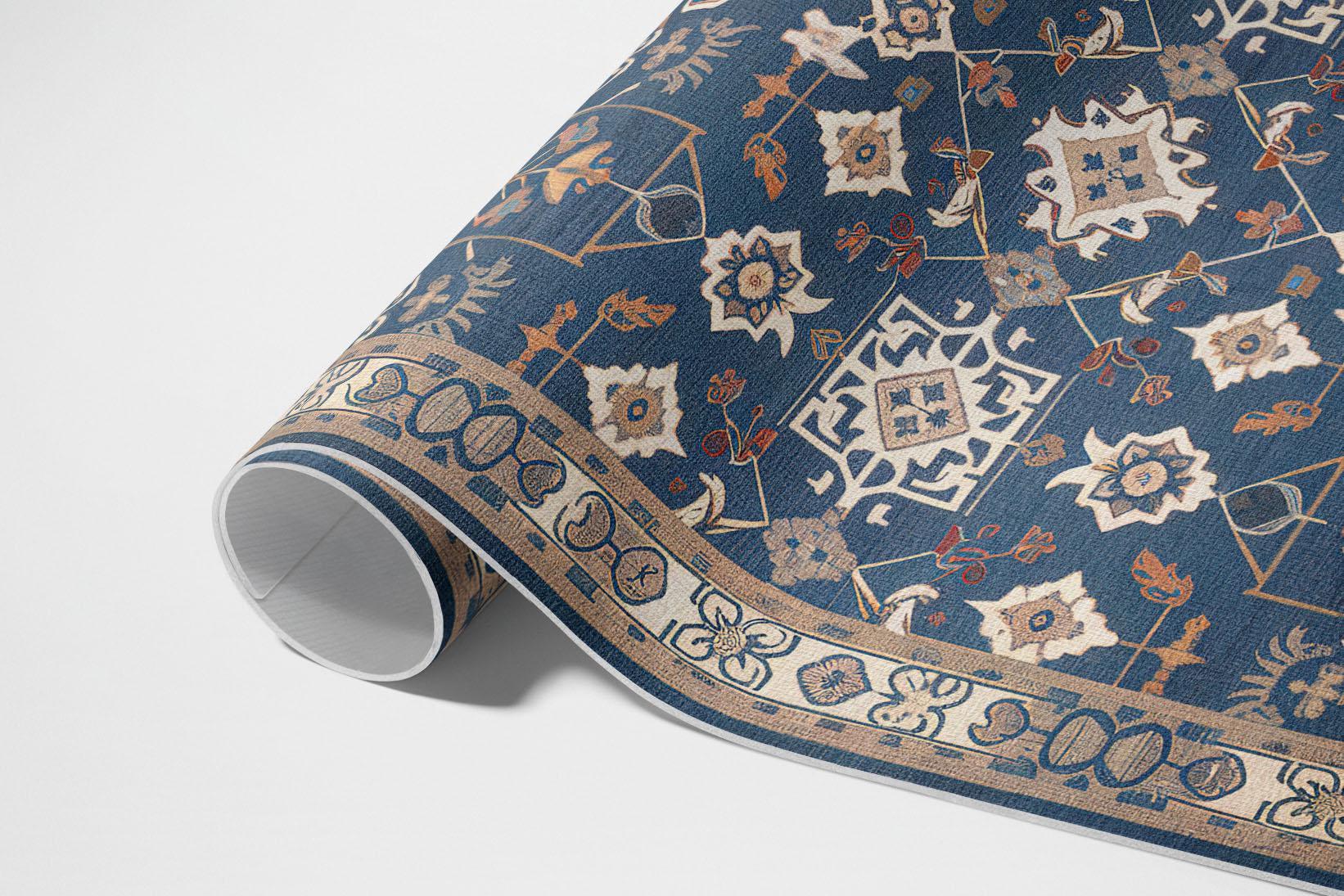 Tappeto da esterno con motivo ornamentale in stile persiano retrò, tappeto da patio con motivi, tappeto in vinile blu navy, tappeto da veranda, tappet