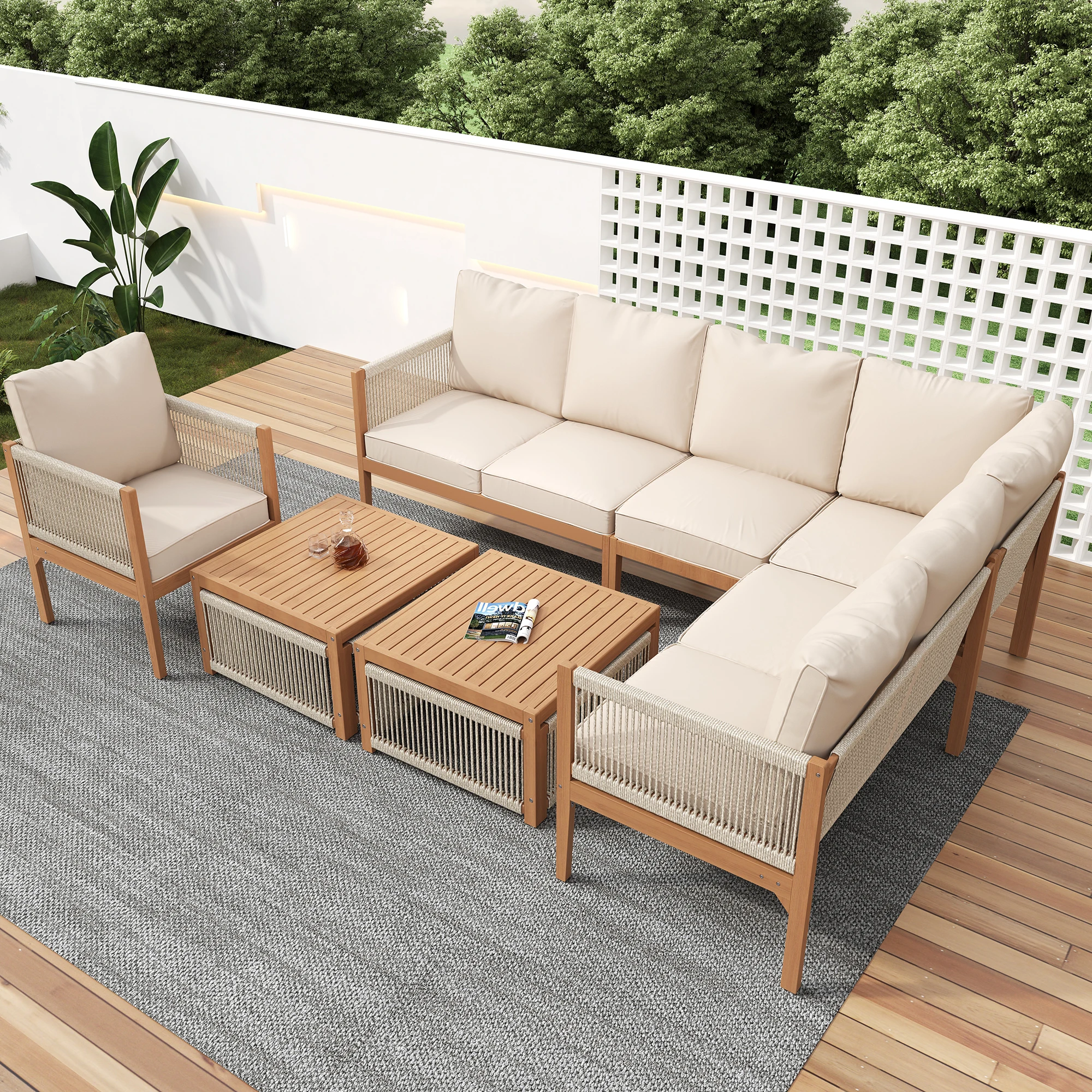 Mobilier de jardin, ensemble de salon de jardin pour 7-8 personnes, ensemble de mobilier de jardin avec canapé, table et coussins, housse en tissu amovible et lavable