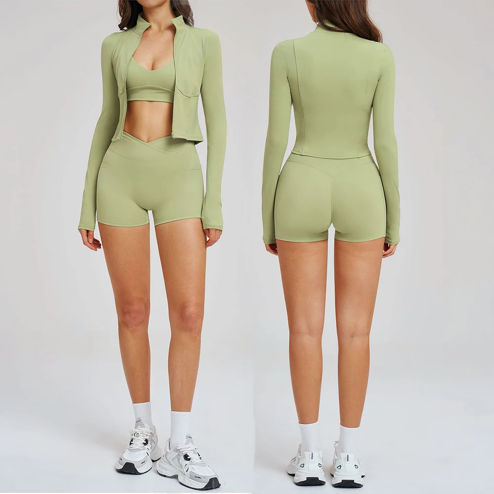Ensemble de yoga 3 pièces : hauts de sport élastiques à fermeture éclair, sous-vêtements de sport, shorts de cyclisme, ensemble de fitness élégant pour la gym, l'entraînement et la course à pied,