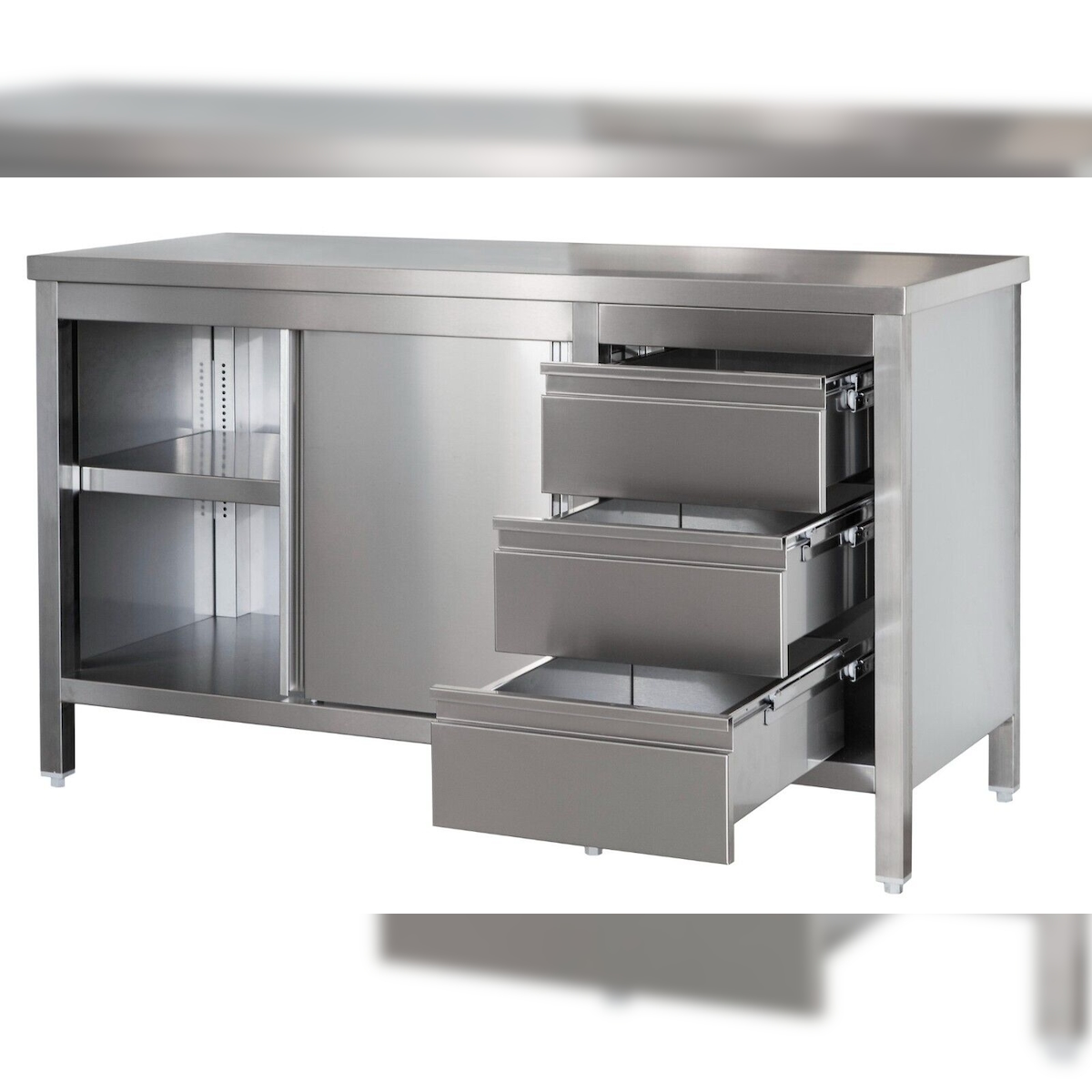 Gastro Arbeitsschrank mit Grundboden, Schiebetüren, Schubladen rechts & Zwischenboden Chromstahl (BxT) 1700 x 800 mm Image