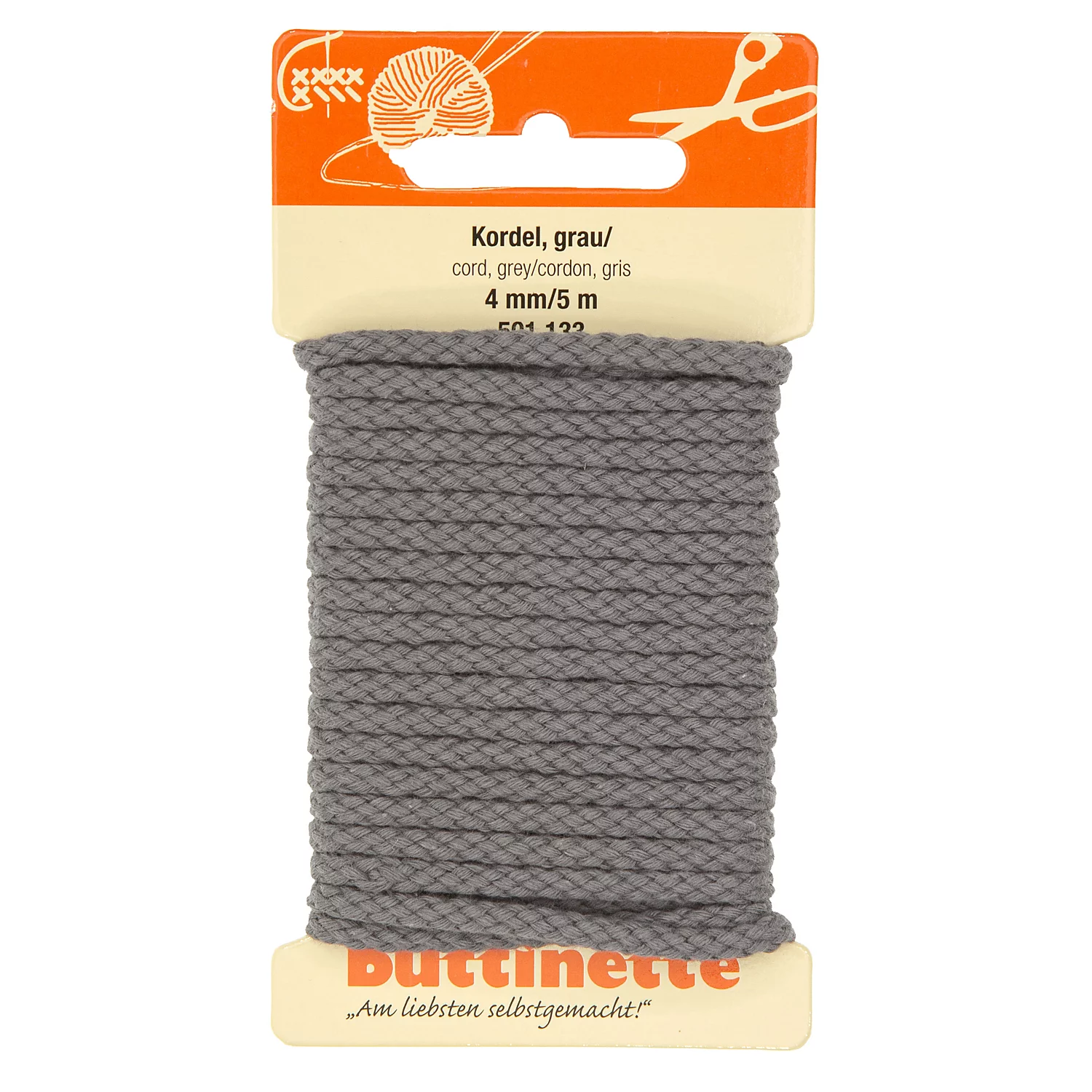 buttinette Baumwoll-Kordel für Bekleidung, grau, 4 mm Ø, Länge: 5 m