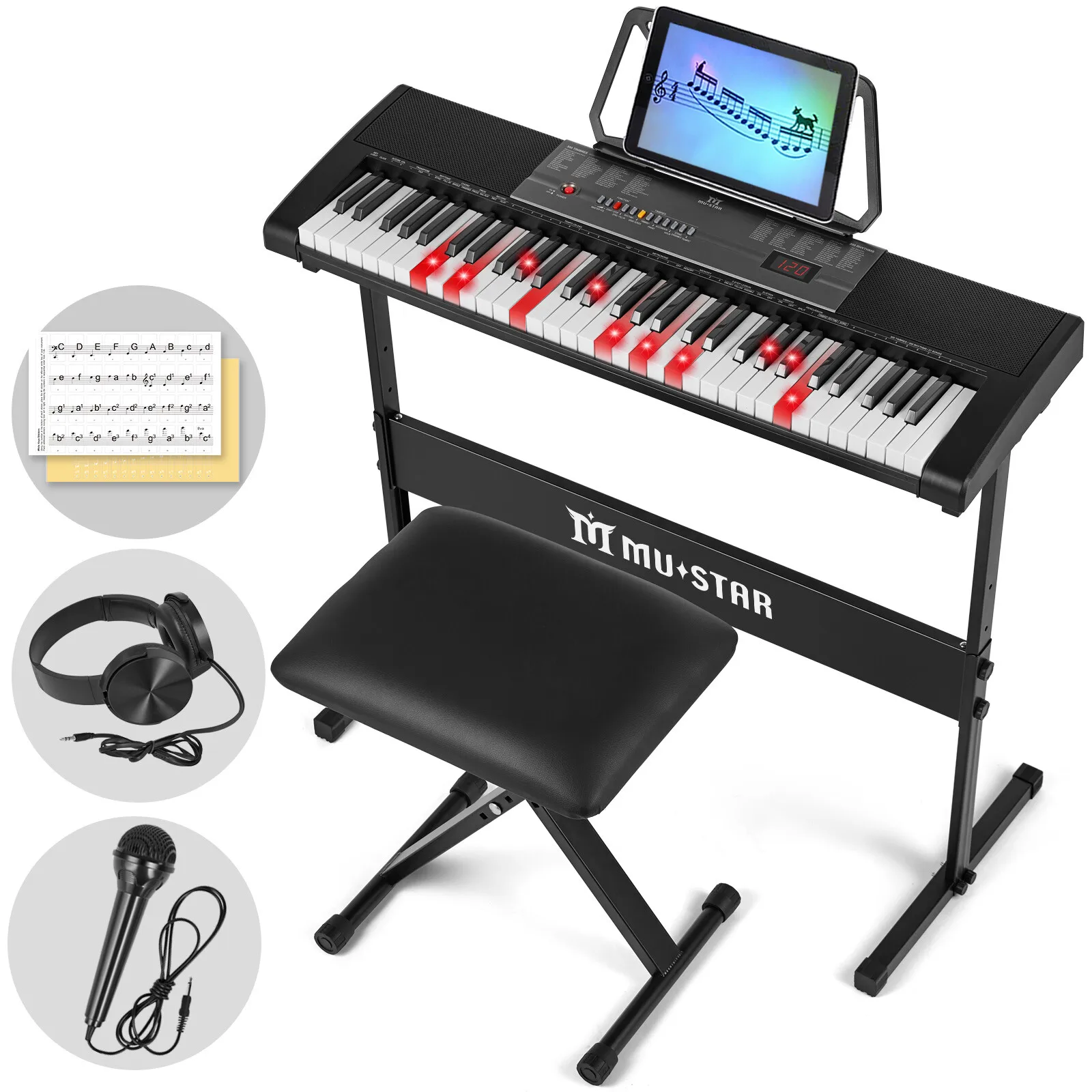 MUSTAR 61 Key Digital Piano Keyboard mit Leuchttasten, intelligenter Lernfunktion, Keyboard Piano für Anfänger Image