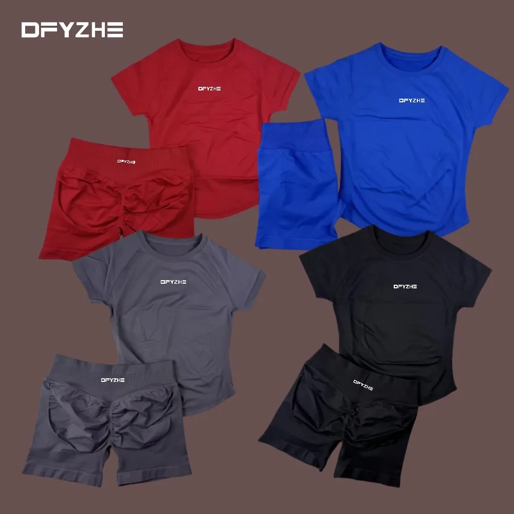 DFYZHE – combinaison de sport 2 pièces, haut de yoga sans couture à manches courtes, short de fitness, short de course, combinaison de sport, cyclisme, boxe