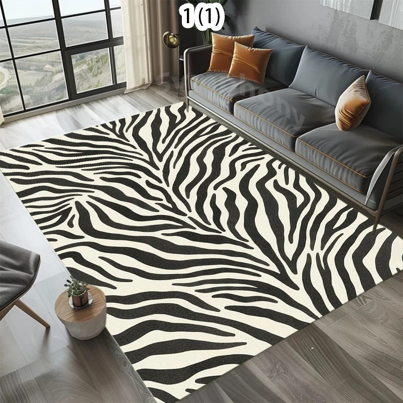 Schwarz-Weißer Zebra-Druck Teppich Tierfell-Muster Wohnzimmer Waschbarer Teppich Rutschfest für Schlafzimmer Kinderzimmer Yoga Schlicht Image