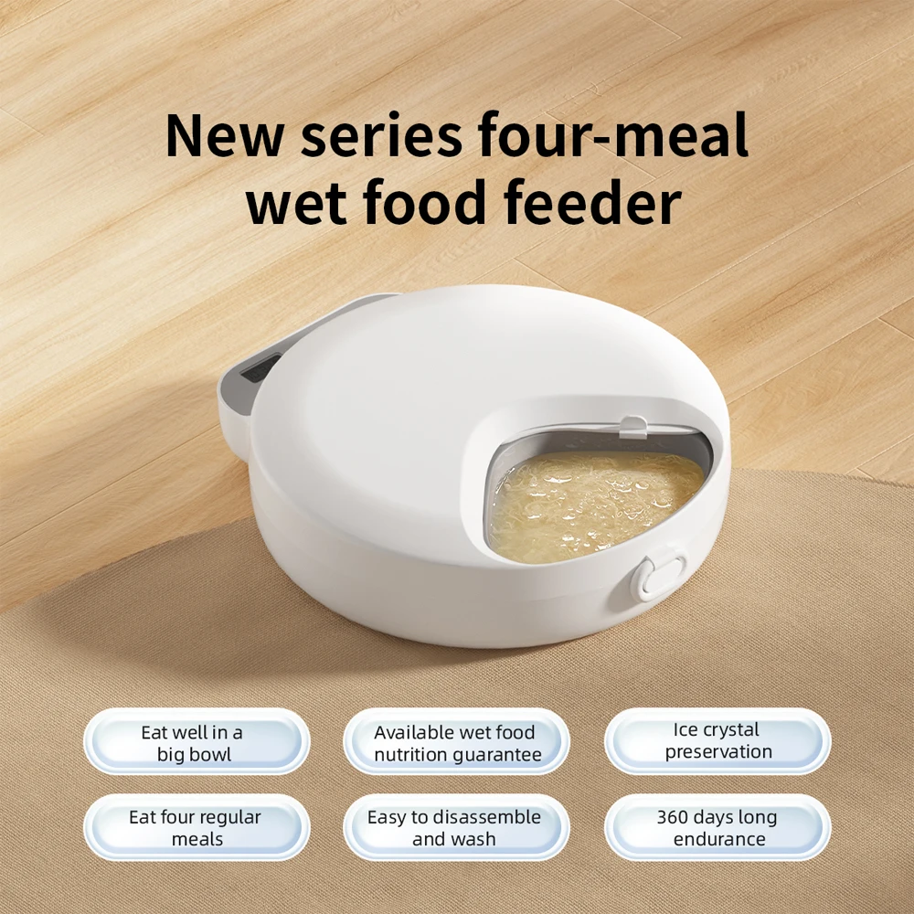 Distributeur automatique d'aliments humides, quatre distributeurs pour différents types d'aliments, bol d'alimentation pour chats pour aliments secs et humides avec blocs de glace