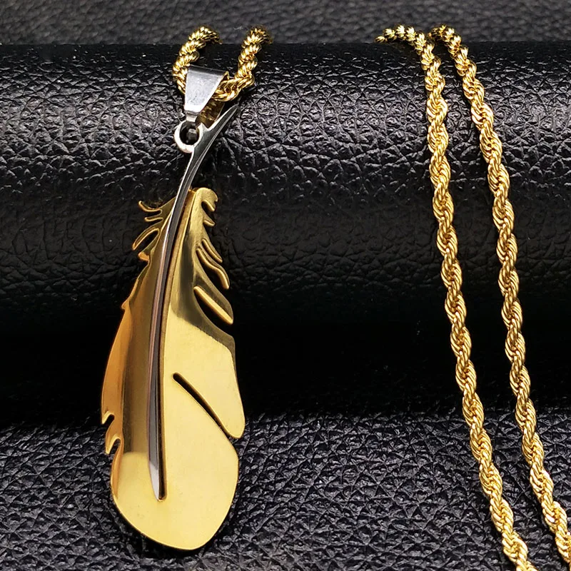 Hip Hop Feder Edelstahl Lange Halskette für Männer Gold Farbe Männliche Kette Halskette Schmuck Geschenk colar masculino N1039-QKCS02 Image