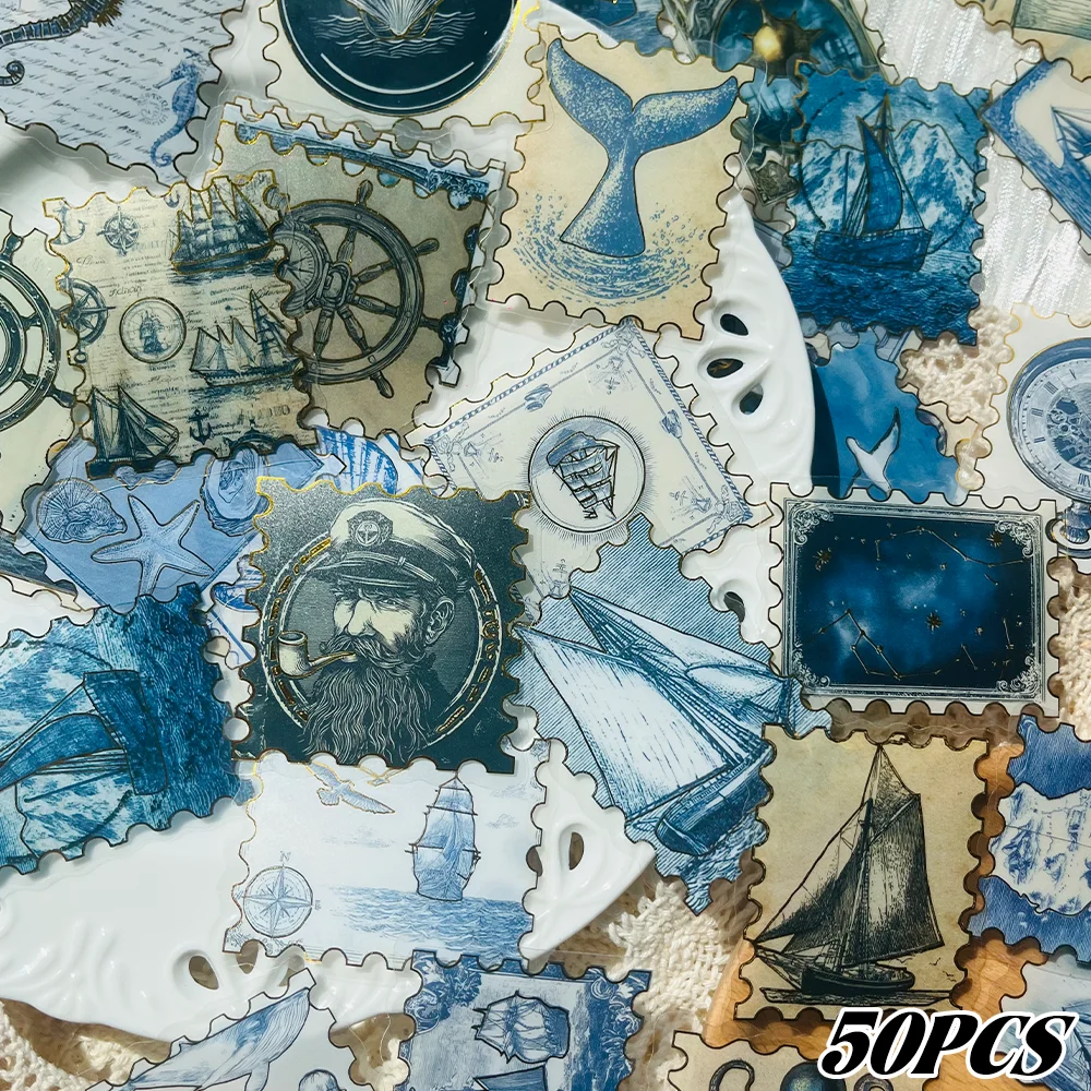 50 Stück Vintage Nautische Poststempel-Aufkleber für Notizbücher, Scrapbooks, Tagebücher, Skateboards, Wasserflaschen - DIY-Aufkleber Image