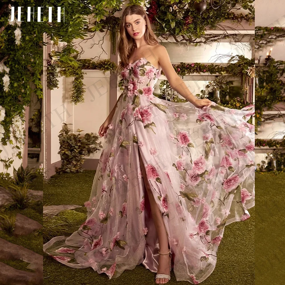Jeheth Fairy Ballkleider rosa Blumen druck geteilt träger los eine Linie elegante Abendkleider für Frauen maßge schneiderte Party kleidJEHETH Fairy Ballkleider 2025 Rosa Blumendruck Split Trägerlos