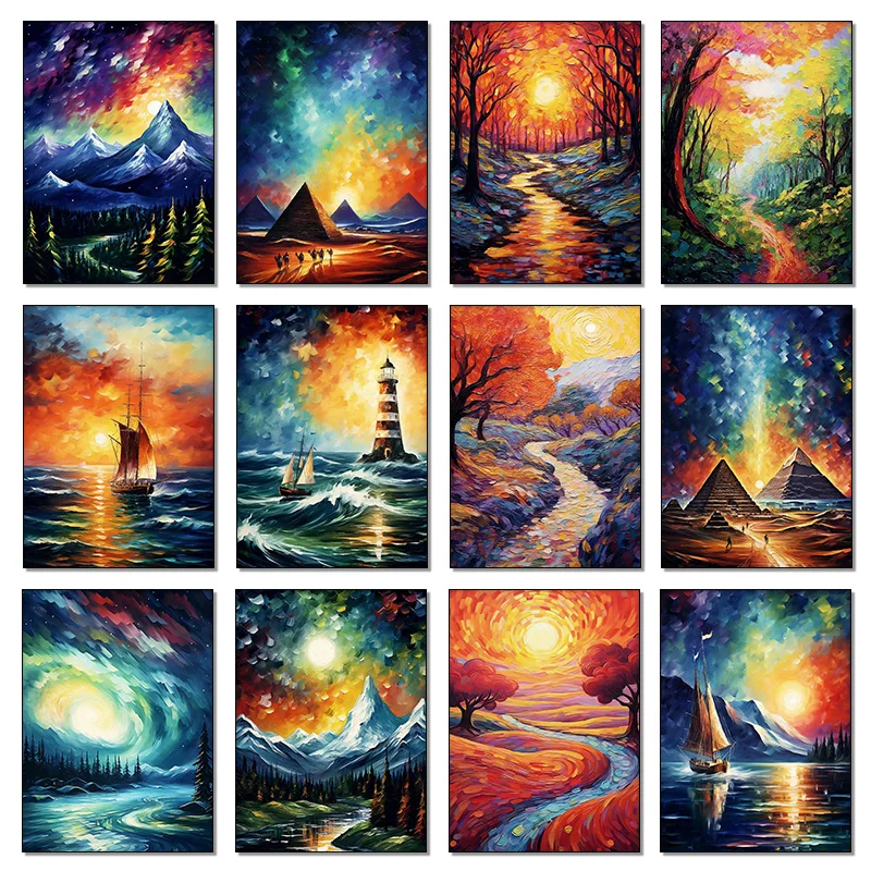 Bunte impressionistische Landschaften, Poster, Berge, Wälder, Pyramiden, Schiffe, Diamantmalerei, Palette, Wandkunst, Bild, Heimdekoration