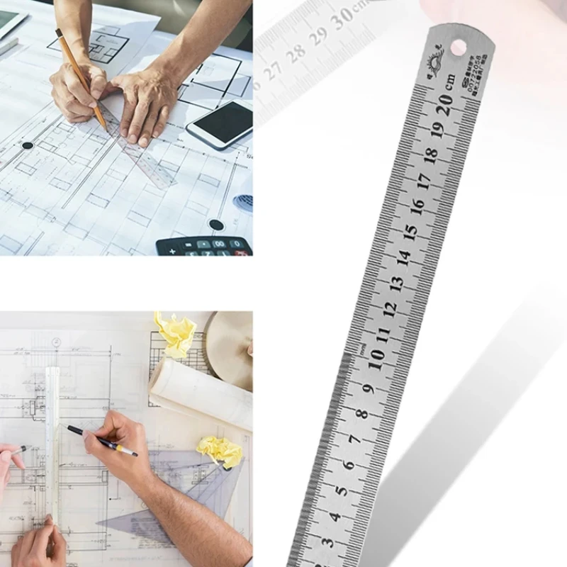 Règle droite en métal, règle en acier inoxydable, fournitures de papeterie, outils de dessin technique, outils à main, outil de mesure de précision double face