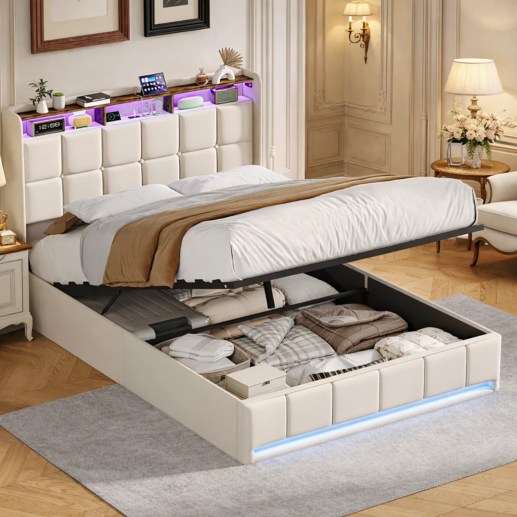 Bett 140x200 cm mit Stauraum und LED, Polsterbett aus Leinen mit Lattenrost, hydraulisches Bett mit Bettkasten, Doppelbett Funktionsbett Jugendbett Bettgestell Image