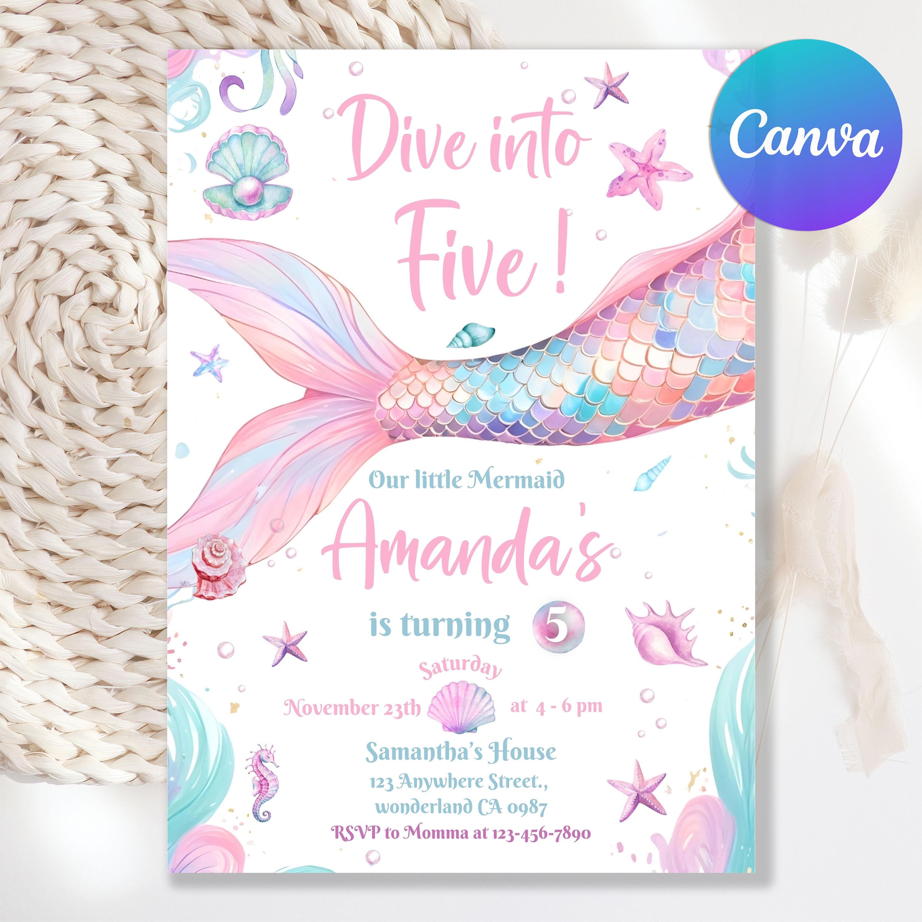 Tuffati nel quinto compleanno, invito modificabile a forma di sirena, invito a una festa a tema sirena sotto il mare, invito a una festa a tema sirena