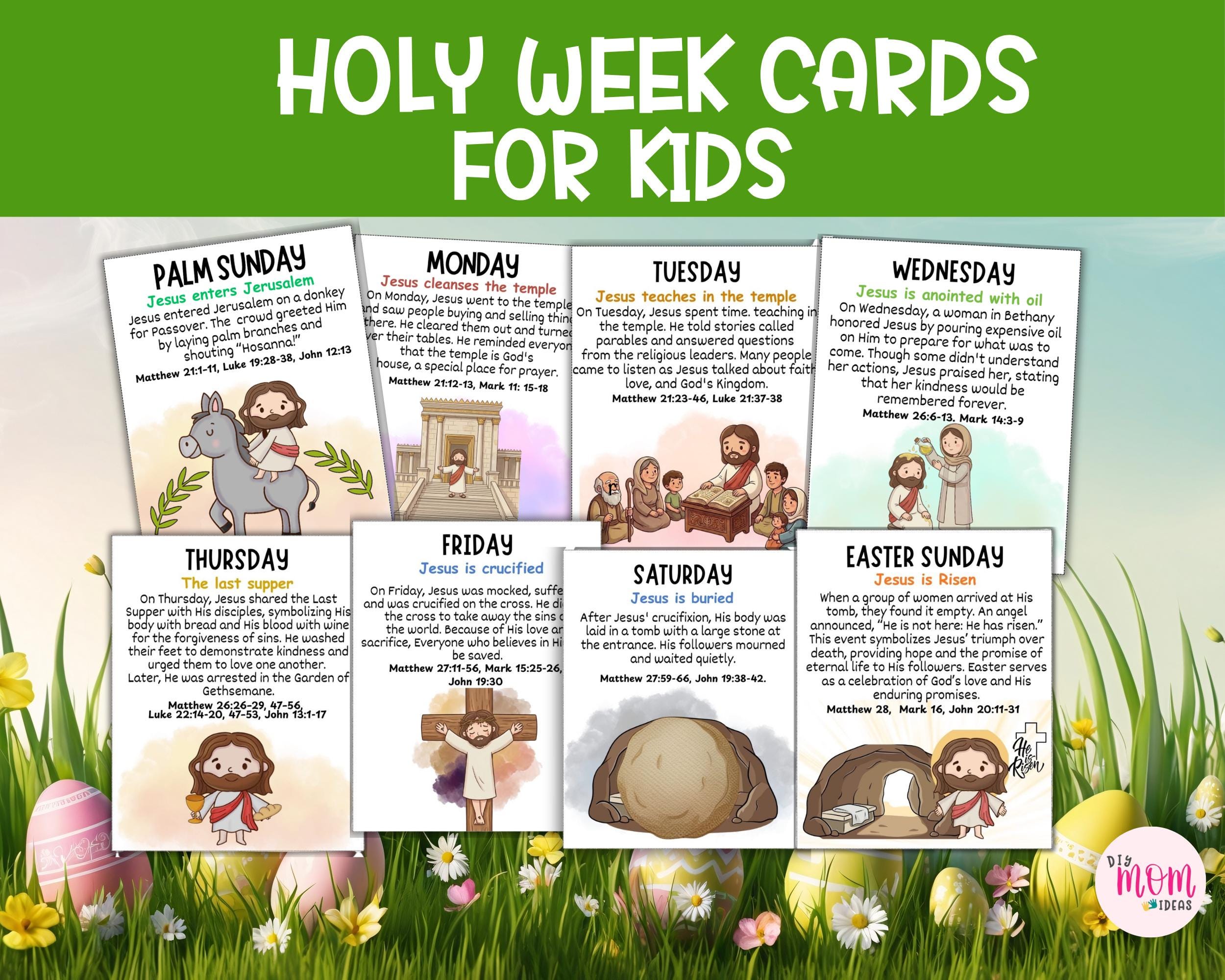 Schede con storie della Settimana Santa stampabili per bambini, attività per la lezione biblica di Pasqua, schede con storie della Risurrezione di Pas