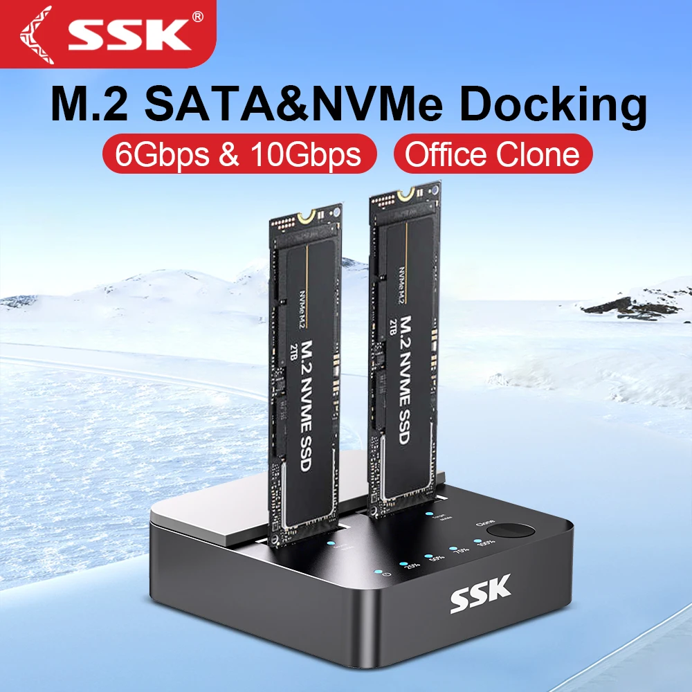 SSK NVMe SSD Enclosure Cloner Dual-Bay M.2 NVME SATA SSD Case Type-C Hdd Docking Station Supporta il Clonaggio Offline per Case M.2