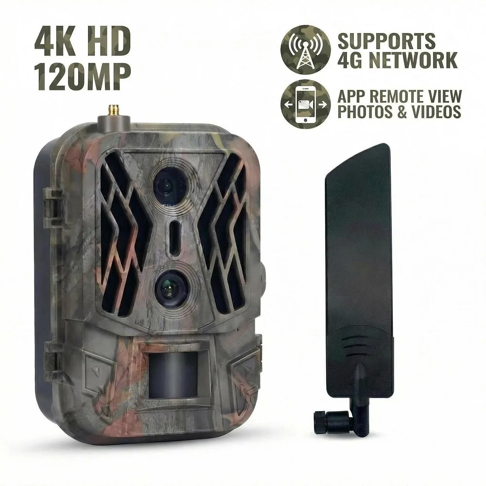 Fotocamera da Caccia 4G 120MP 4K con Batteria da 8000mAh, Visione Notturna, Doppia Lente, Controllo App, Streaming Live/Cloud/Email/FTP Opzionale
