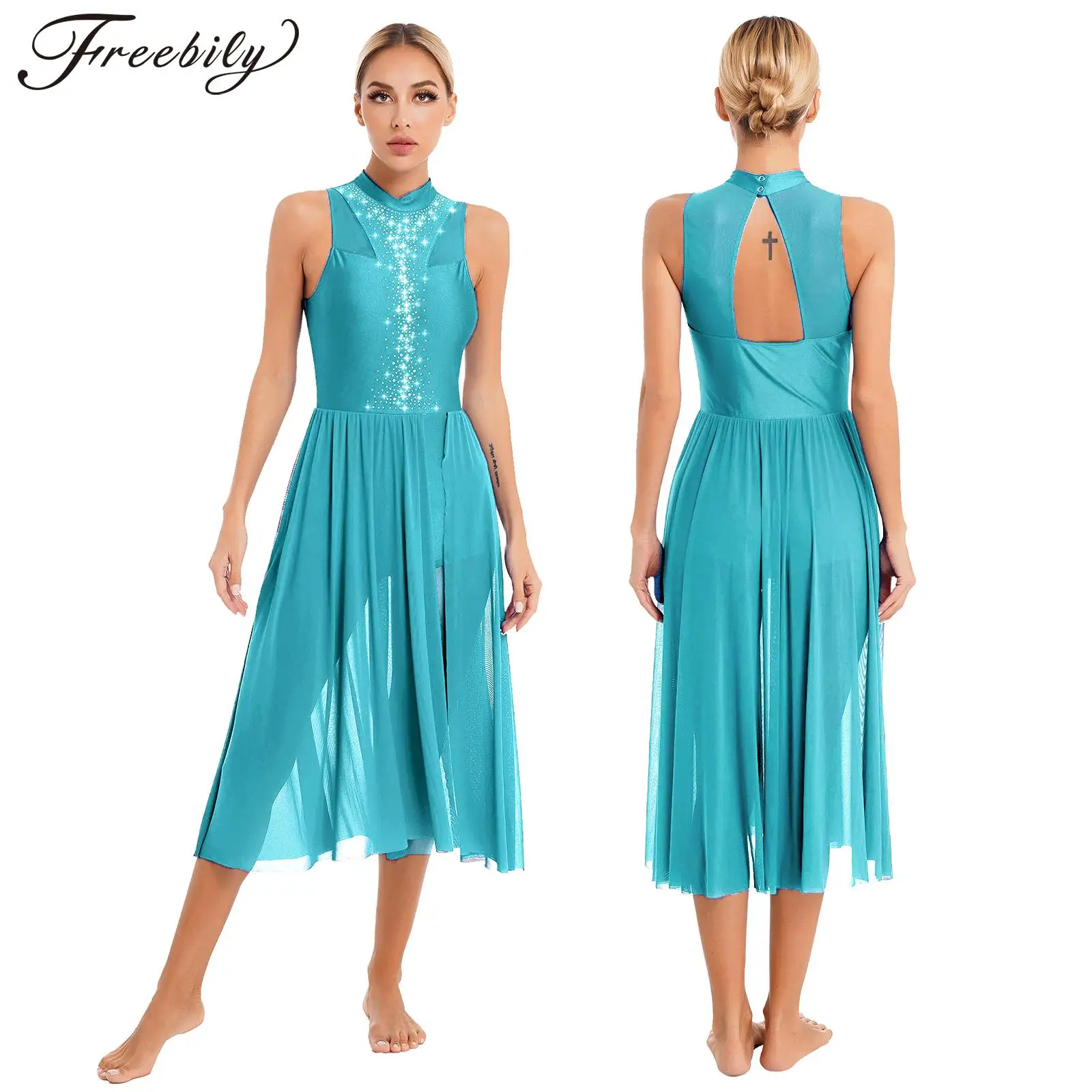 Robe de danse lyrique moderne et contemporaine pour femmes, sans manches, avec strass fendus, justaucorps, Costume de spectacle de patinage de Ballet