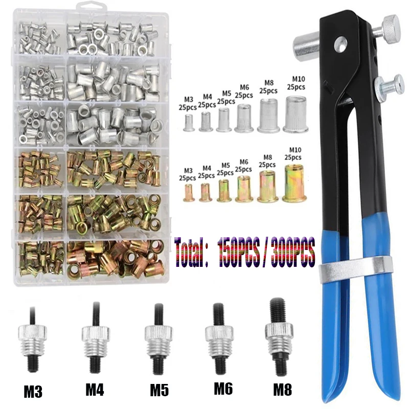 150/300 pz Punte per rivetti Pistola Mandrino Kit M3/M4/M5/M6/M8 o Dado Mandrini per rivetti Riparazione Pistola per rivetti Vite a testa piatta Pop Dado Pistola per rivetti Set