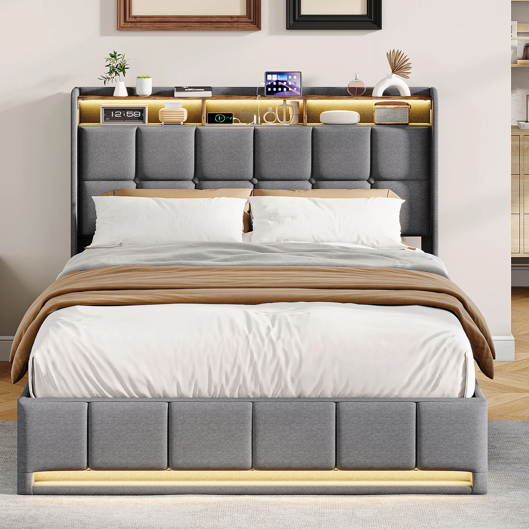 Anajqaqia Polsterbett, Doppelbett mit LED-Beleuchtung, Ladestation, Kopfteil mit Stauraum, Leinen, Grau Image