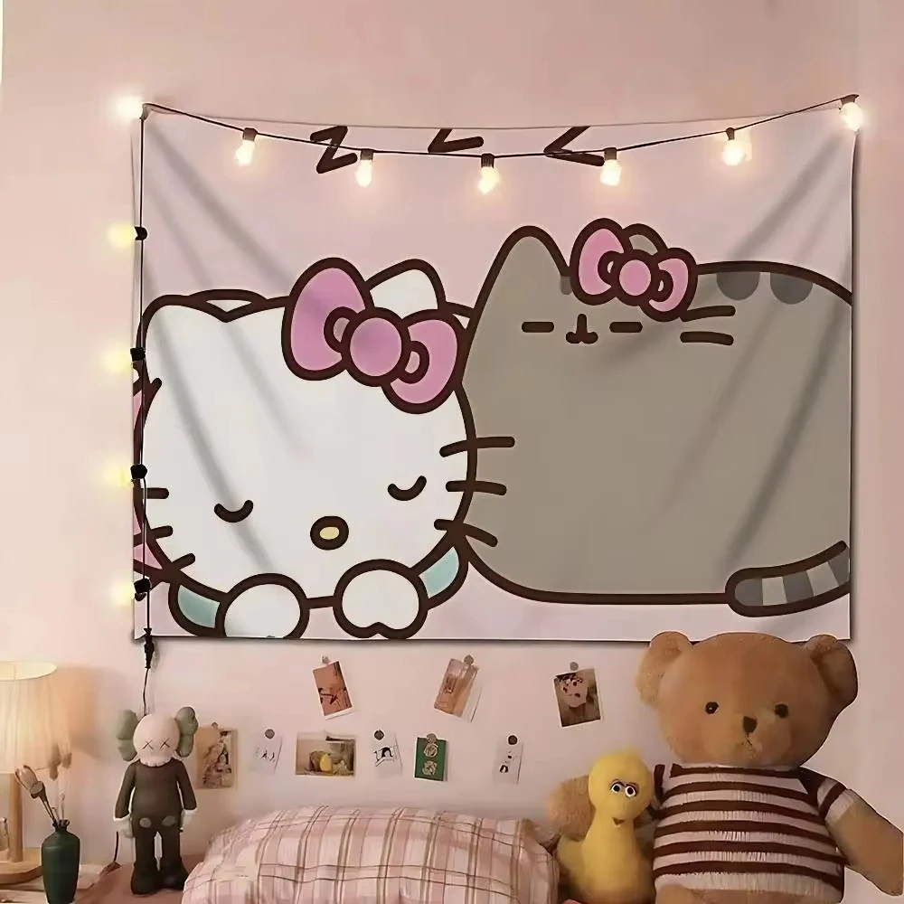 Sanrio Hello Kitty und Katze Cartoon-Druck Wandteppich Schlafzimmerdekoration Feier-Hintergrunddesign Kawaii Anime Heimdekoration