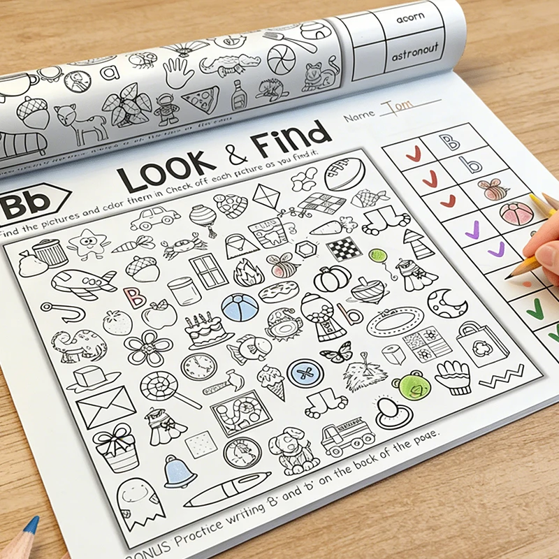 Malbücher für Kinder mit versteckten Objekten, interaktive Such- und Malbücher, Beobachtungs- und Suchaktivitätsbücher, visuelle Suchaufgaben, geeignet für frühes Lernen, Bücher zum Unterscheiden von Image