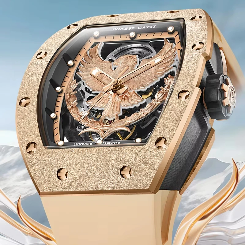 BONEST GATTI Herrenuhr 5002 mit dem goldenen Adler als Zifferblatt, doppelseitig hohl, modische Leuchtuhren für Herren Image
