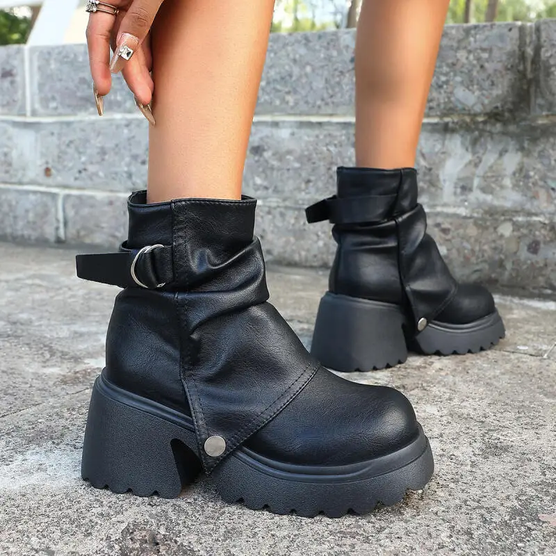 Gothic Chunky Plattform Schwarz Stiefeletten Frauen 2025, Herbst Punk Metall Gürtel Schnalle Dicken Boden Kurze Stiefel Frau Y2K Schuhe 43