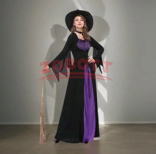 Halloween Gothic Hexe Cosplay Kostüme Frauen Sexy Hexe Kleid Mit Hut Karneval Party Performische Kleidung Lila Hexe Kleid