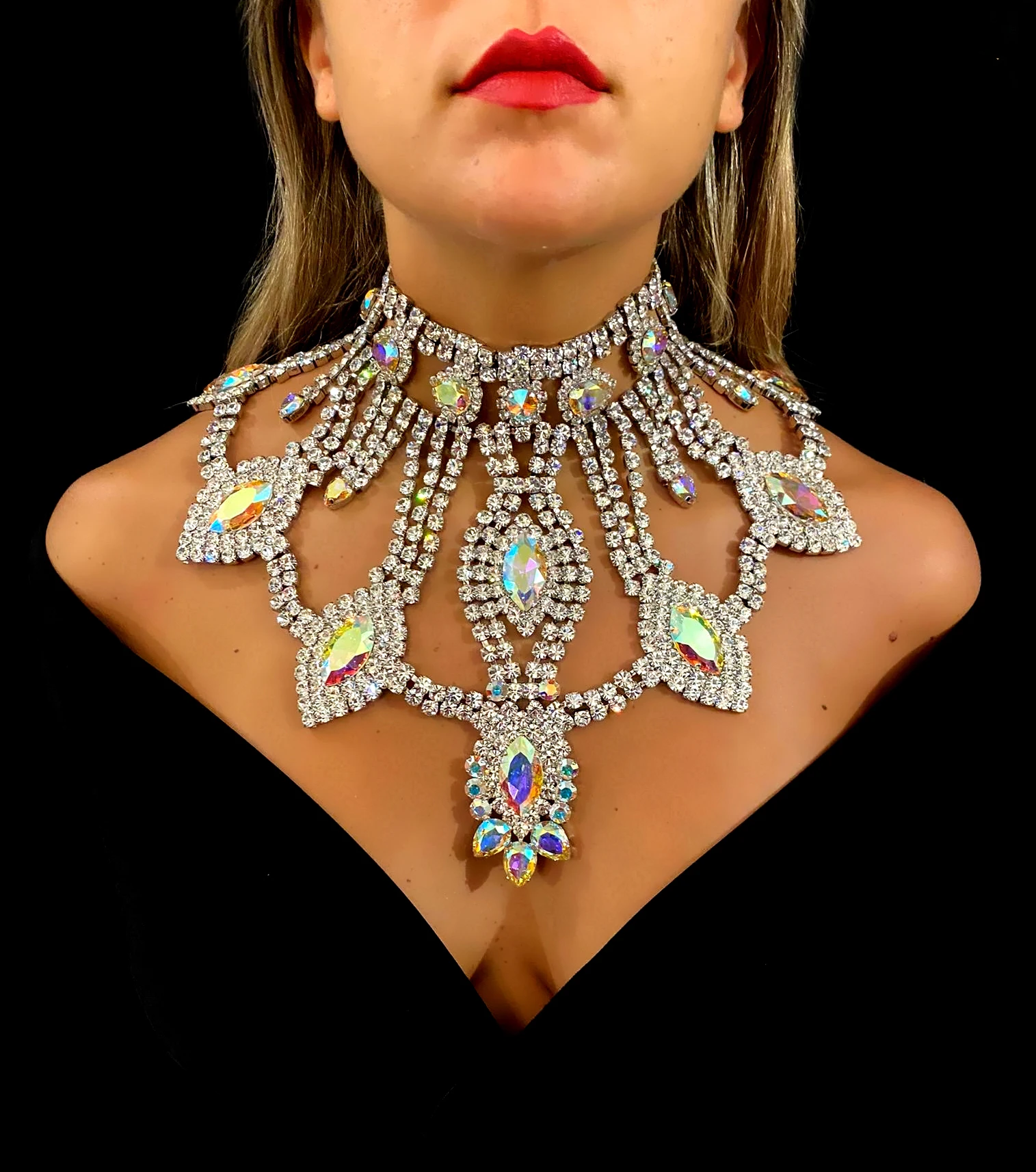 Modische Damen Bestseller Luxus AB Farbige Edelstein-Halskette, Braut Hochzeitsfeier Exquisite Funkelnde Kristall-Halskette Image