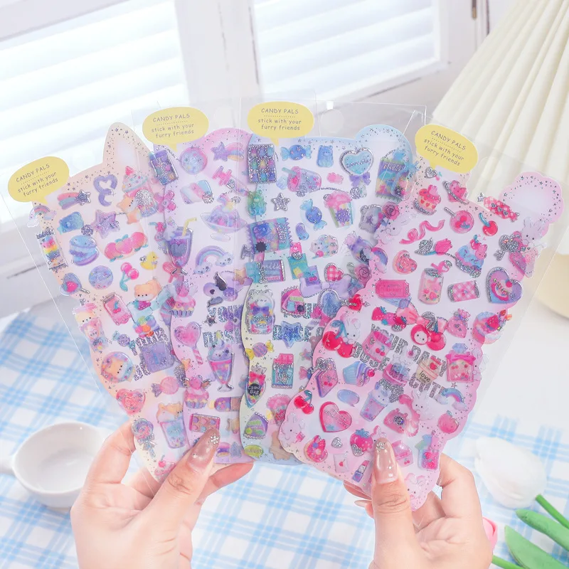 4 Stück Süßigkeiten-Aufkleber mit süßen Tieren, Kristall-Aufkleber, Scrapbooking, DIY, Tagebuch, Schreibwaren, Aufkleberbogen, Schulbedarf, Geschenk Image