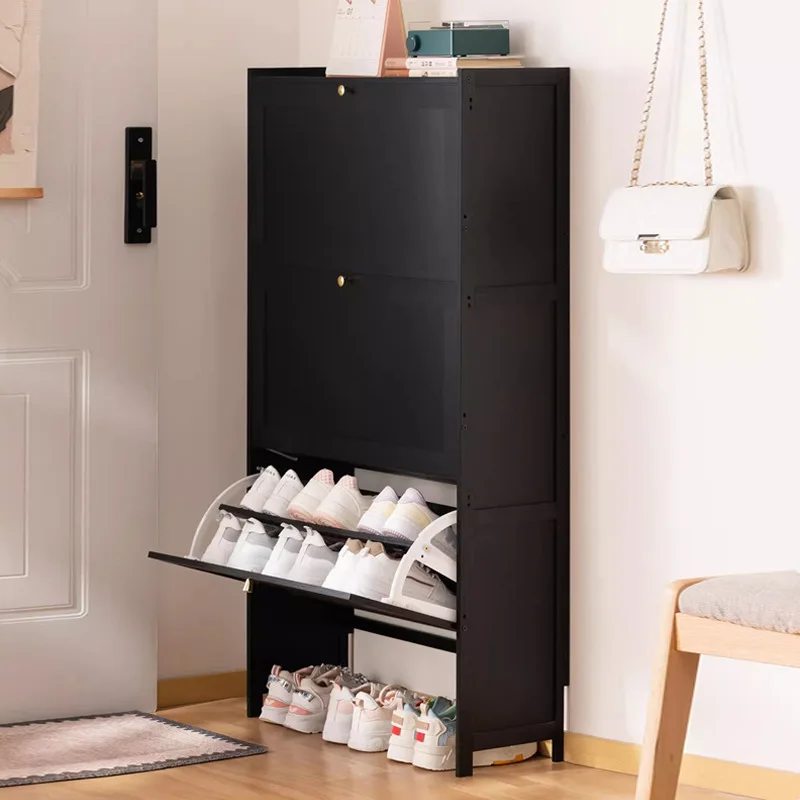 Ultradünner, mehrschichtiger Schuhschrank aus Bambus und Holz, staubdichter, schmaler Schuhschrank, wandmontierter Klappschuhschrank