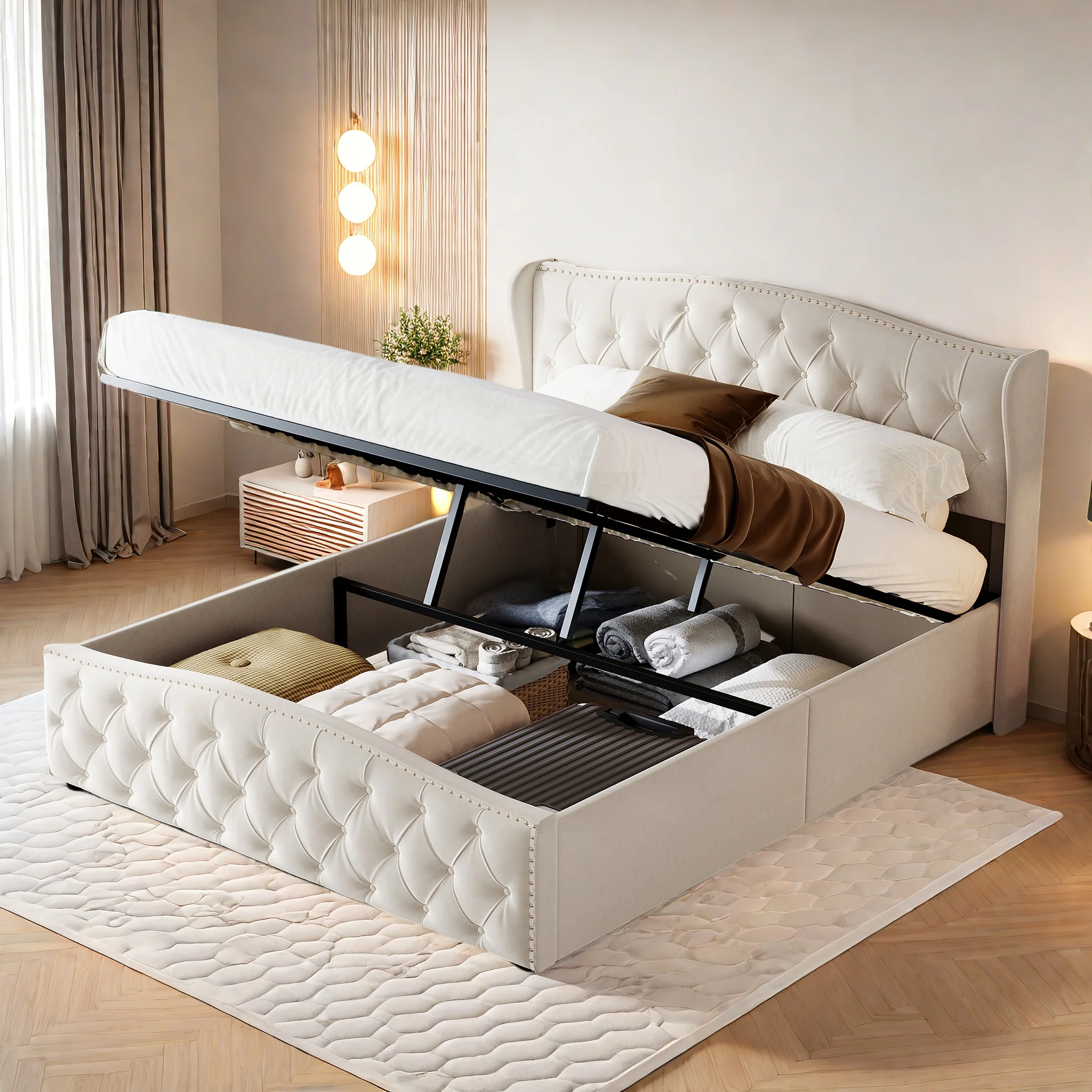 Superaly 160x200cm hydraulisches Stauraumbett, gepolstertes Bett, Jugendbett, Boxspringbett, Doppelbettrahmen, Samt, ohne Matratze Image