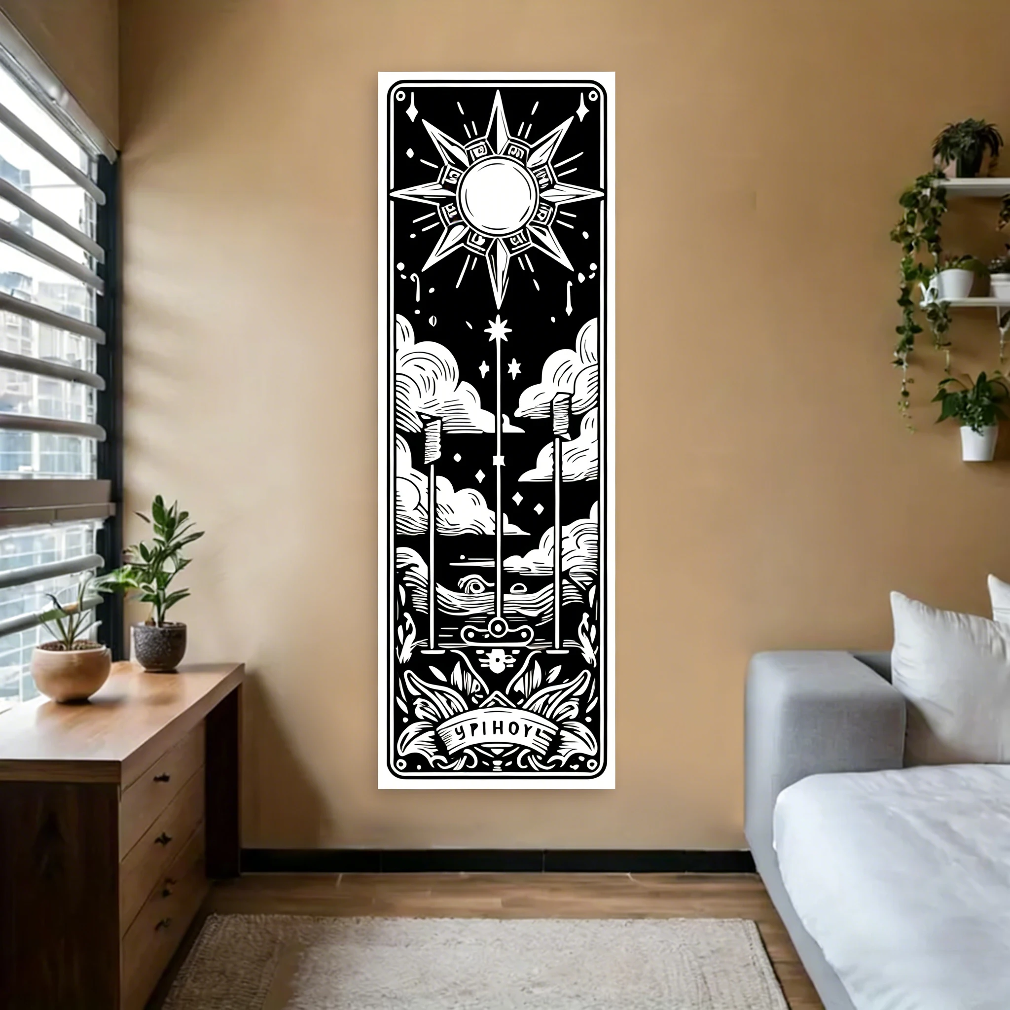 Schwarz-weißer Tarot-Wandteppich, Design mit natürlichen Elementen, Schlafzimmer, eleganter Hintergrund für Zuhause, Dekor, geheimnisvolle ästhetische Kunst Image