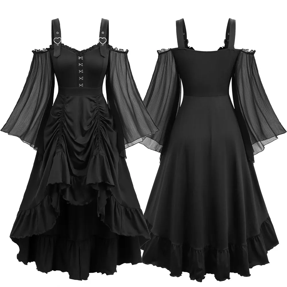 ROSEGAL Plus Größe Schwarz Kalte Schulter Frauen Kleid Haken Auge Layered Cinched High Low Casual Party Kleid Mit Langen Ärmeln Vestido