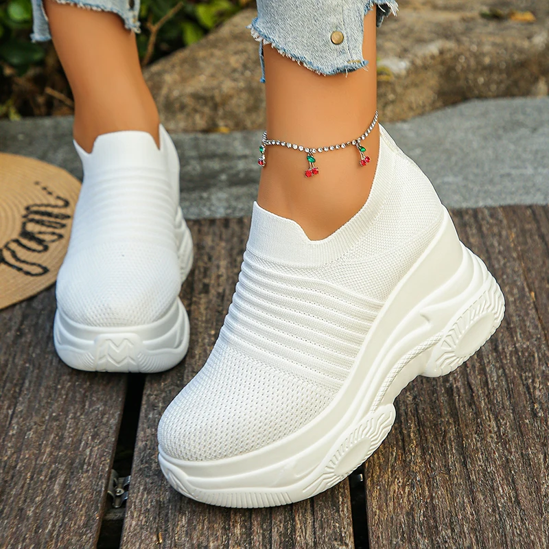 Atmungsaktive Mesh Chunky Plattform Turnschuhe Frauen Plus Größe 42, Dicken Boden Sport Schuhe Frau Schwarz Weiß Stricken Wanderschuhe