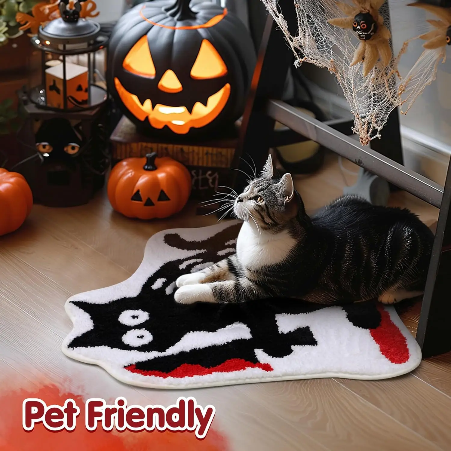 VIKAMA Halloween Horror Kätzchen Teppich Badezimmer saugfähiger Teppich rutschfest festliche Atmosphäre Heimdekoration Teppich Image