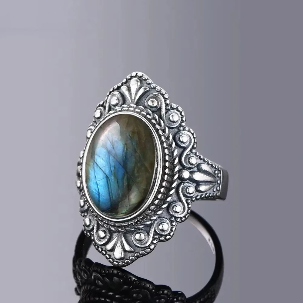 Vintage-Ring aus 925er Silber, ovaler natürlicher Labradorit, Fingerring, Retro-schwarzer Onyx, edler Schmuck, Party für Damen und Herren Image