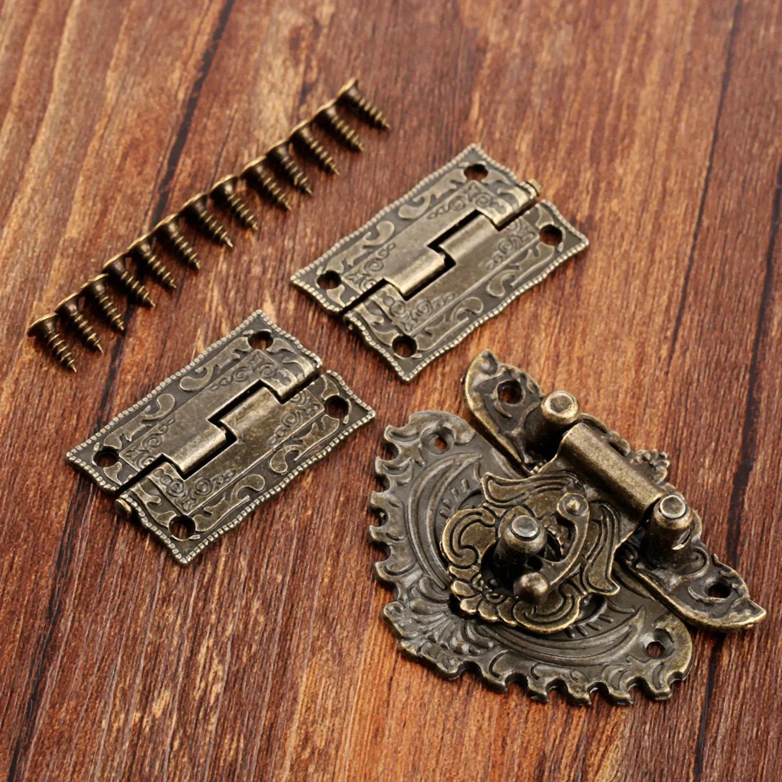 3-teiliges Set Antik-Bronze Vorhängeschloss Holzkistenverschluss + Kofferscharnier Möbel Dekorative Hardware Retro Image