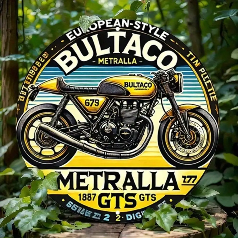 Bultaco 8x8 Zoll Vintage Metallschild Retro Runde Motorrad-Blechschilder für Heim, Garage und Bar Dekoration Image