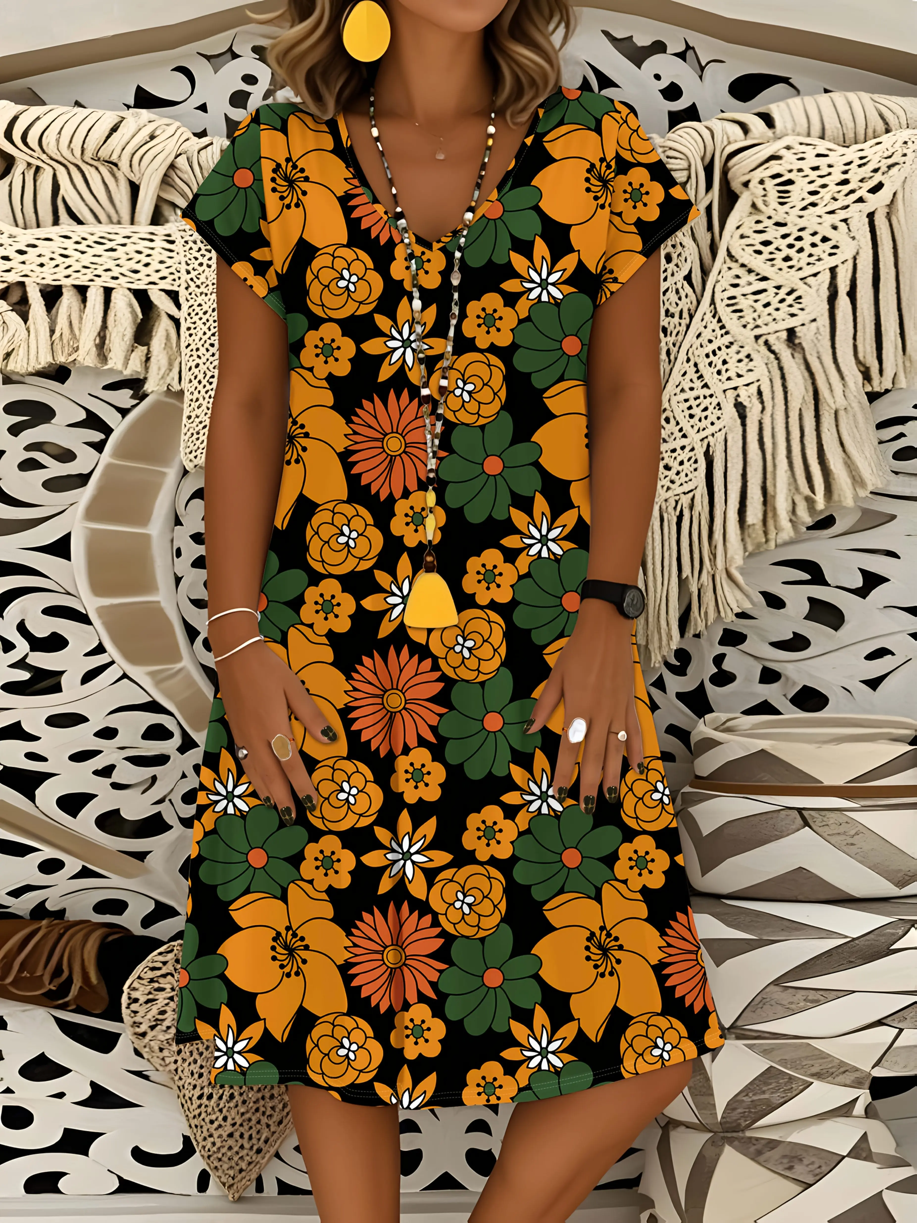 Vintage Blumenmuster Ärmelloses V-Ausschnitt Kleid für Damen Sommer Lässiges A-Linien Midikleid Orange Grün Tropisches Muster Dezentes Design